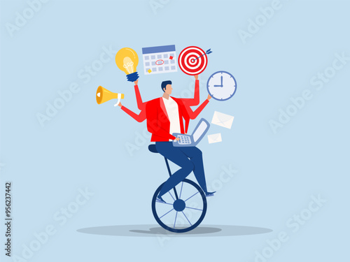 Businessman performing multitasking work Productive master, businessman riding unicycle juggling elements, laptop, calendar, ideas and emails.project management skill