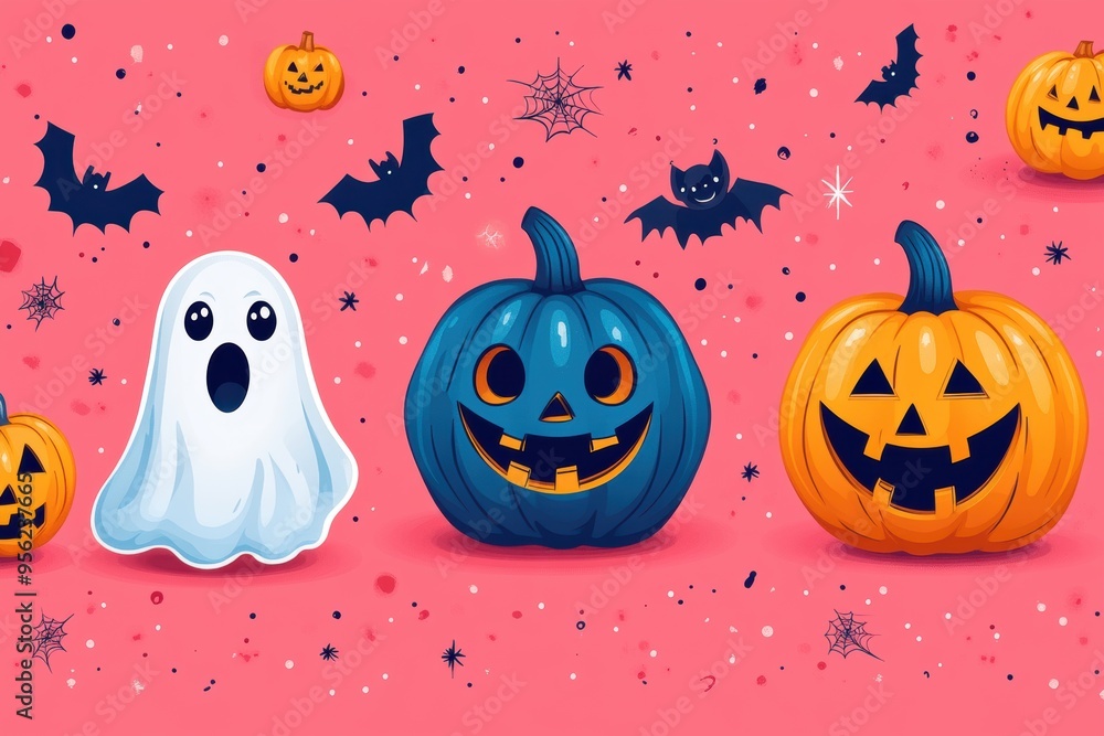 Obraz premium Halloween Seamless Pattern with Cute Ghosts, Pumpkins, and Trick-or-Treat Elements