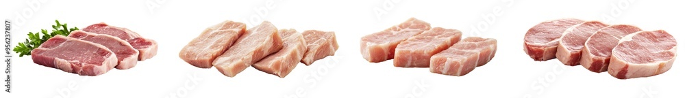 Raw pork, beef, chop on a bone, all on white background, full depth of field Raw pork, beef, chop on a bone, all on white background, full depth of field
