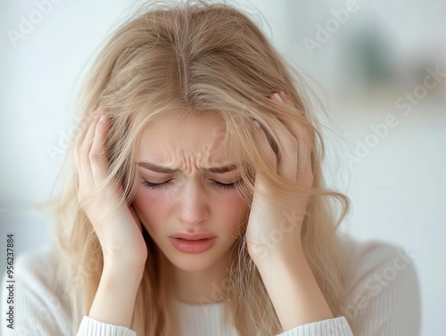 Blurry image of a woman experiencing vertigo or dizziness, symbolizing issues with brain or inner ear health. photo