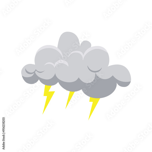 Grey cloud with lightning isolated on white background. Rain thunder cloud sky