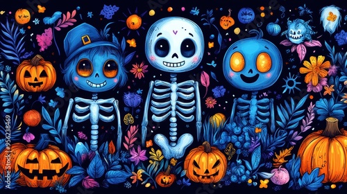 Doodle Halloween Pattern with Adorable Skeletons, Happy Monsters, and Festive Elements for Kids' Prints