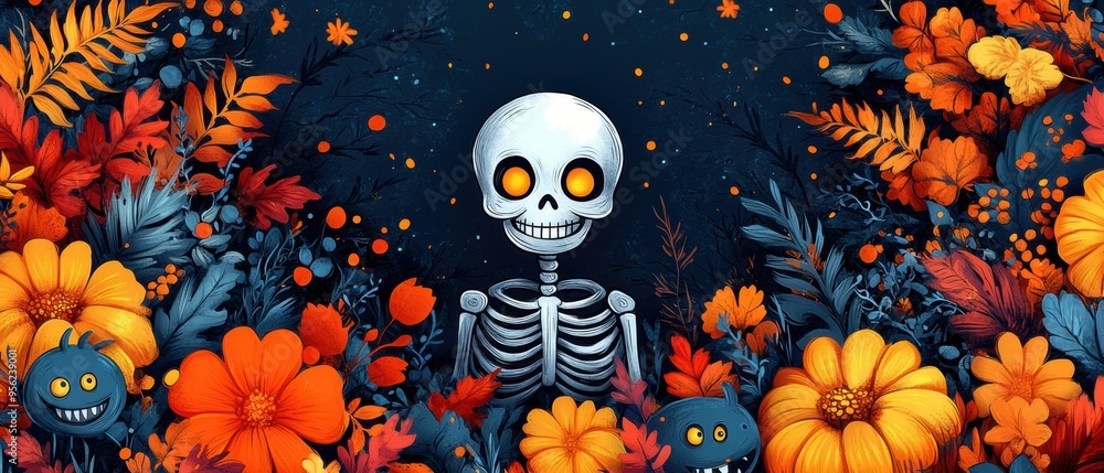 Doodle Halloween Pattern with Adorable Skeletons, Happy Monsters, and Festive Elements for Kids' Prints Doodle Halloween Pattern with Adorable Skeletons, Happy Monsters, and Festive Elements for Kids' Prints