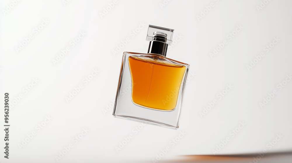 A bottle of perfume floating in the air, isolated on a white background. A bottle of perfume floating in the air, isolated on a white background.