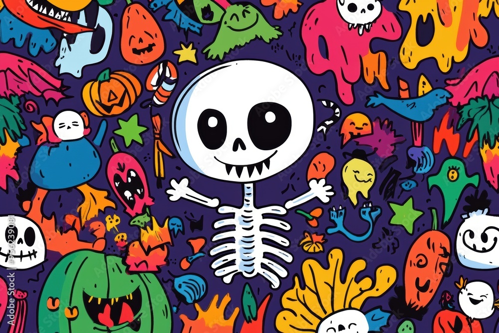 Doodle Halloween Pattern with Adorable Skeletons, Happy Monsters, and Festive Elements for Kids' Prints Doodle Halloween Pattern with Adorable Skeletons, Happy Monsters, and Festive Elements for Kids' Prints