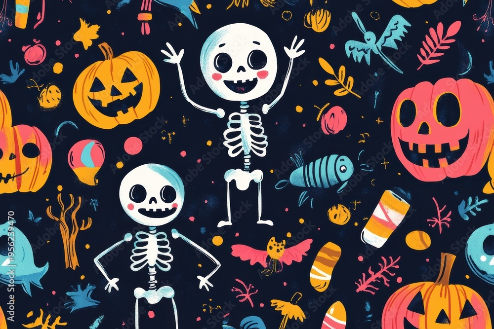 Doodle Halloween Pattern with Adorable Skeletons, Happy Monsters, and Festive Elements for Kids' Prints Doodle Halloween Pattern with Adorable Skeletons, Happy Monsters, and Festive Elements for Kids' Prints