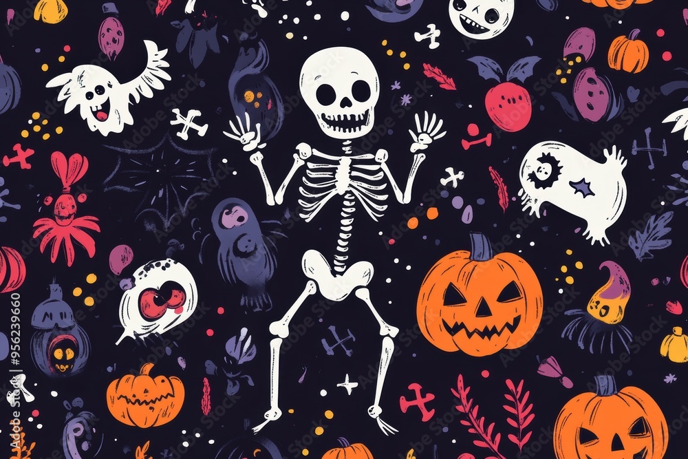 Doodle Halloween Pattern with Adorable Skeletons, Happy Monsters, and Festive Elements for Kids' Prints Doodle Halloween Pattern with Adorable Skeletons, Happy Monsters, and Festive Elements for Kids' Prints