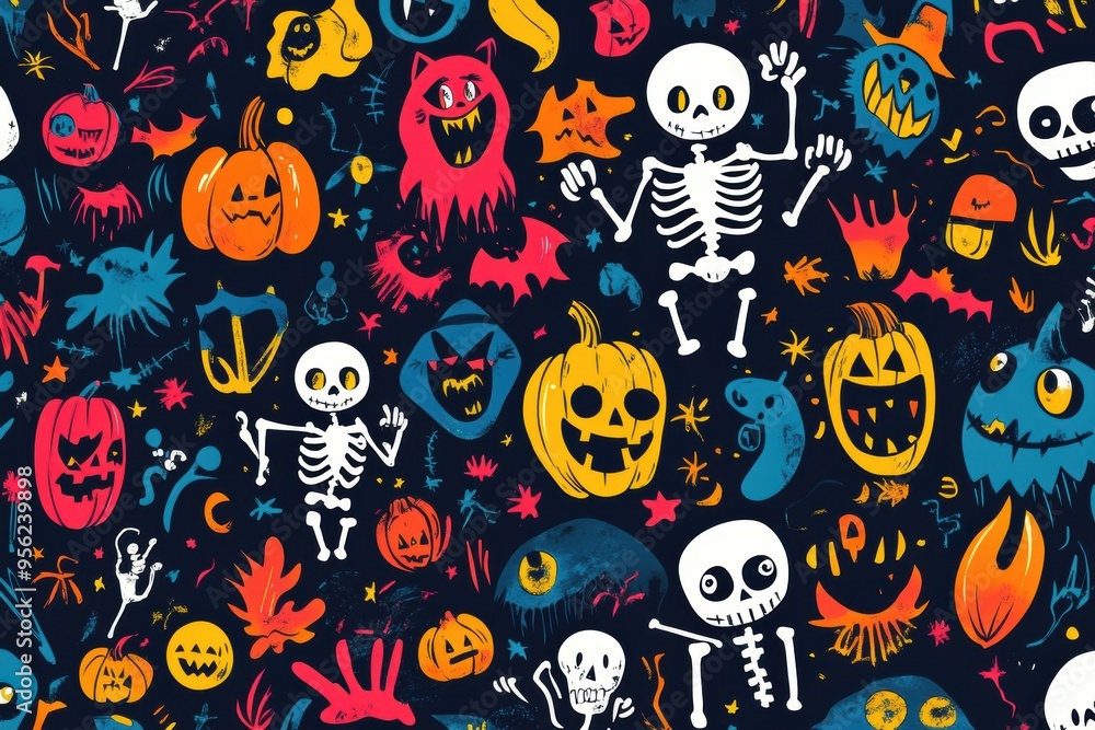 Doodle Halloween Pattern with Adorable Skeletons, Happy Monsters, and Festive Elements for Kids' Prints Doodle Halloween Pattern with Adorable Skeletons, Happy Monsters, and Festive Elements for Kids' Prints