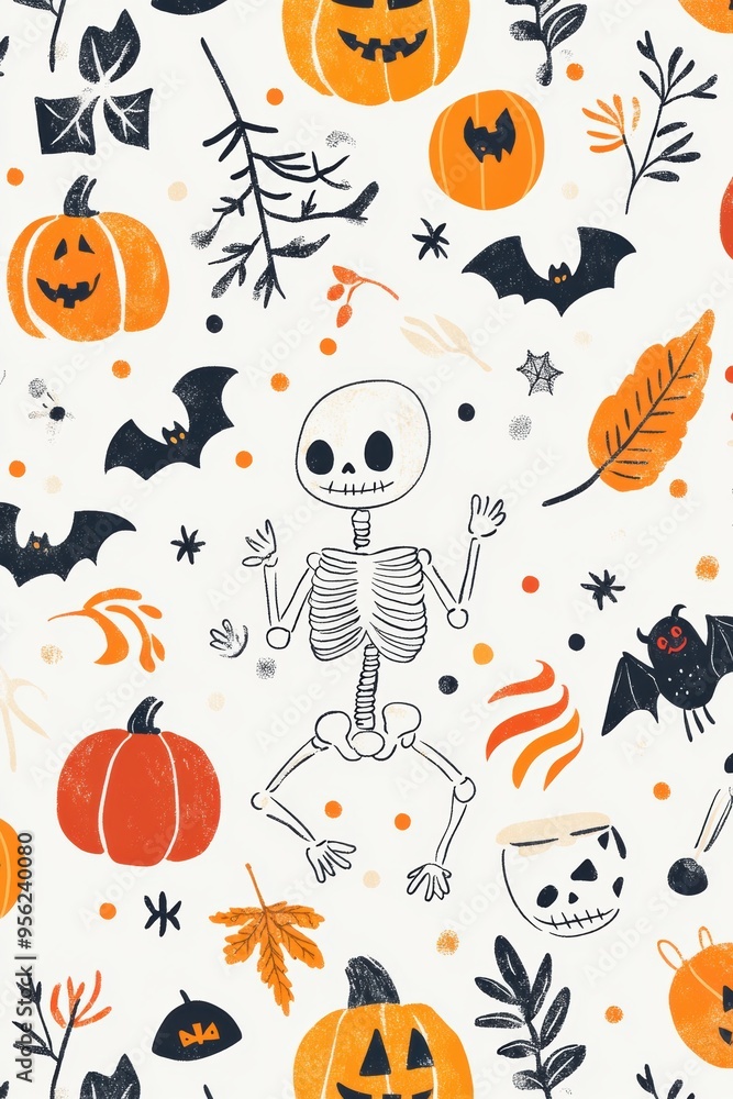 Doodle Halloween Pattern with Adorable Skeletons, Happy Monsters, and Festive Elements for Kids' Prints Doodle Halloween Pattern with Adorable Skeletons, Happy Monsters, and Festive Elements for Kids' Prints