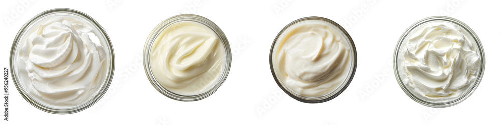A white background, full depth of field, isolating sour cream in a glass, mayonnaise, yogurt A white background, full depth of field, isolating sour cream in a glass, mayonnaise, yogurt