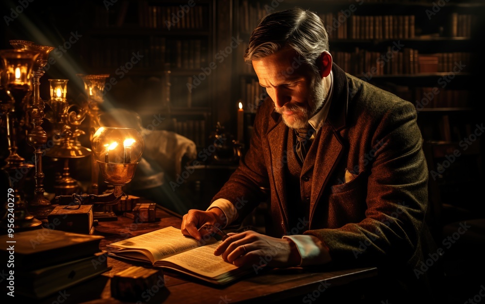 Generative AI of Scholar Engaged in Deep Study in a Candlelit Vintage Library for Timeless Academic Pursuits, Historical Research and Discovery, and Elegant Intellectual Atmosphere Generative AI of Scholar Engaged in Deep Study in a Candlelit Vintage Library for Timeless Academic Pursuits, Historical Research and Discovery, and Elegant Intellectual Atmosphere