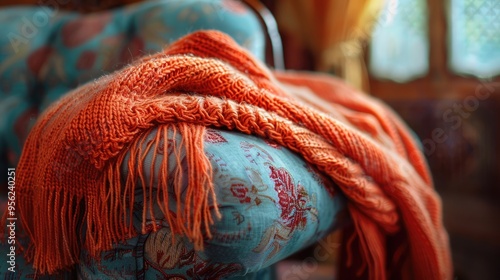 A soft orange shawl with fringe details over a chair, made from a smooth, textured fabric that brings a touch of comfort and elegance to the interior design. photo