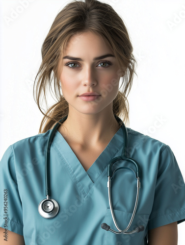 A female doctor in scrubs, ...
