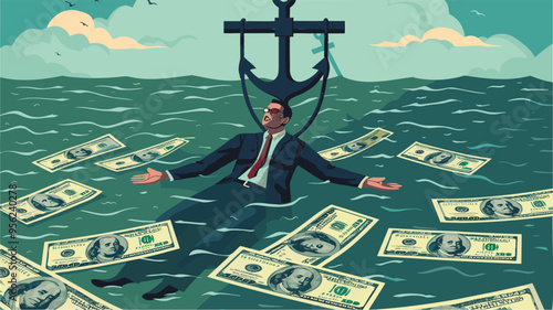 Sunk Cost Fallacy: Businessman Drowning with Anchor of Sinking Dollar Bills