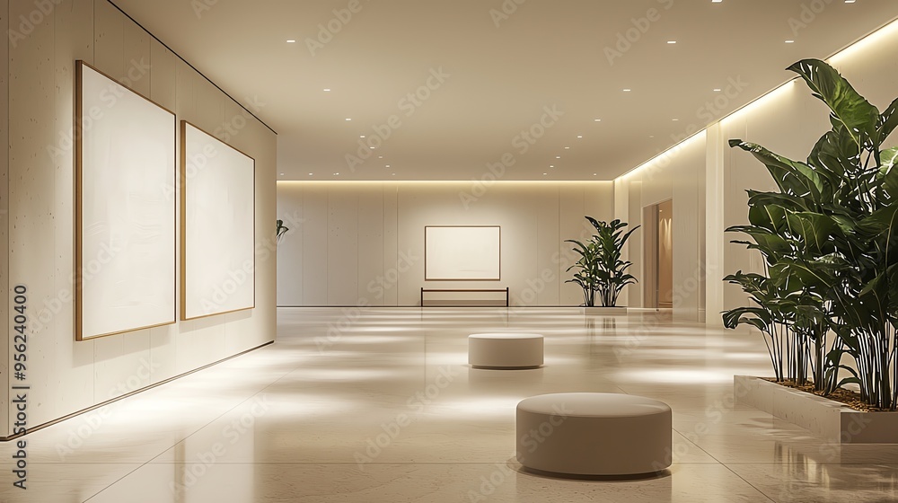 Modern gallery interior with minimalist design, featuring artwork, indoor plants, and soft lighting creating a serene atmosphere. Modern gallery interior with minimalist design, featuring artwork, indoor plants, and soft lighting creating a serene atmosphere.