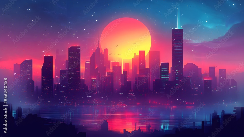 Flat design of a futuristic city using neon colors and dark contrasts Flat design of a futuristic city using neon colors and dark contrasts