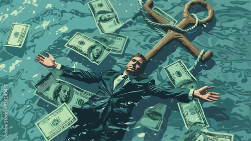 Sunk Cost Fallacy: Businessman Drowning with Anchor of Sinking Dollar Bills