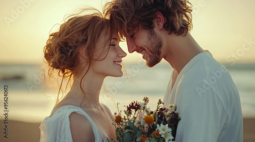 Happy young couple in love at the beach, holding flowers and smiling at each other, at sunrise over sea beach outdoor seaside on a summer day. #956240613