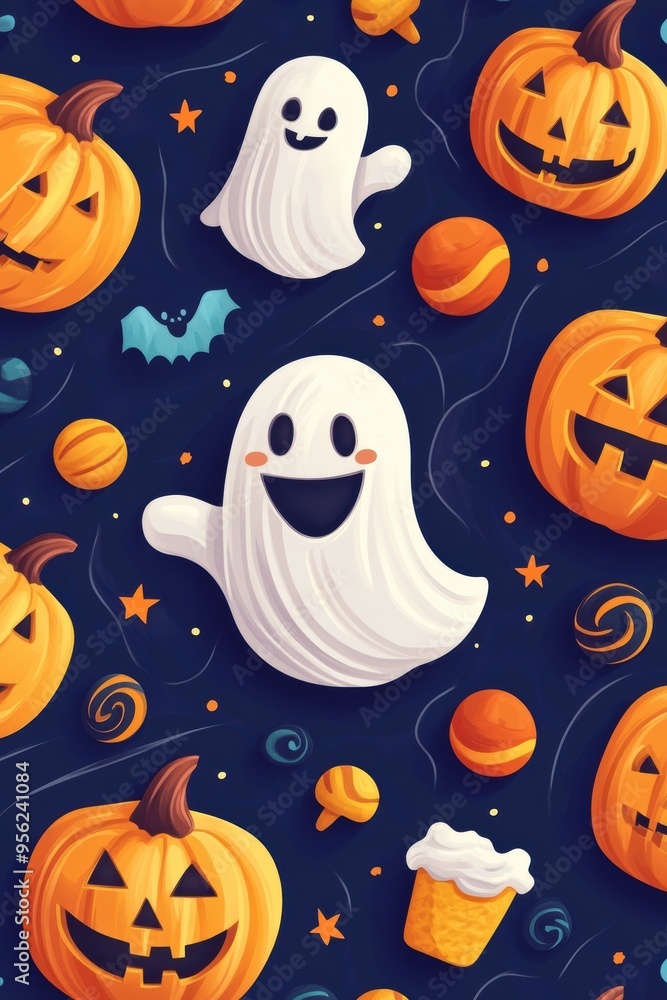 Halloween Seamless Background with Joyful Pumpkins, Friendly Ghosts, and Halloween Treats Halloween Seamless Background with Joyful Pumpkins, Friendly Ghosts, and Halloween Treats