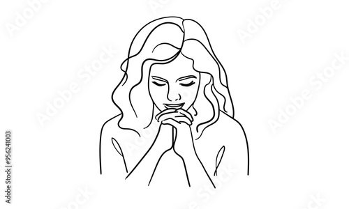 Girl praying with folded hands continuous line art drawing isolated on white background. Christian. Vector illustration