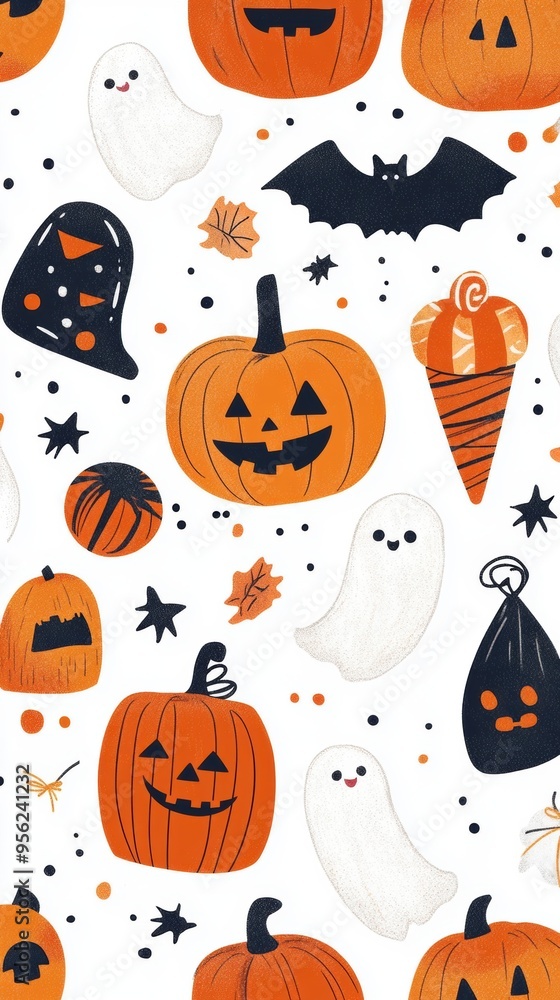 Fototapeta premium Halloween Seamless Background with Joyful Pumpkins, Friendly Ghosts, and Halloween Treats