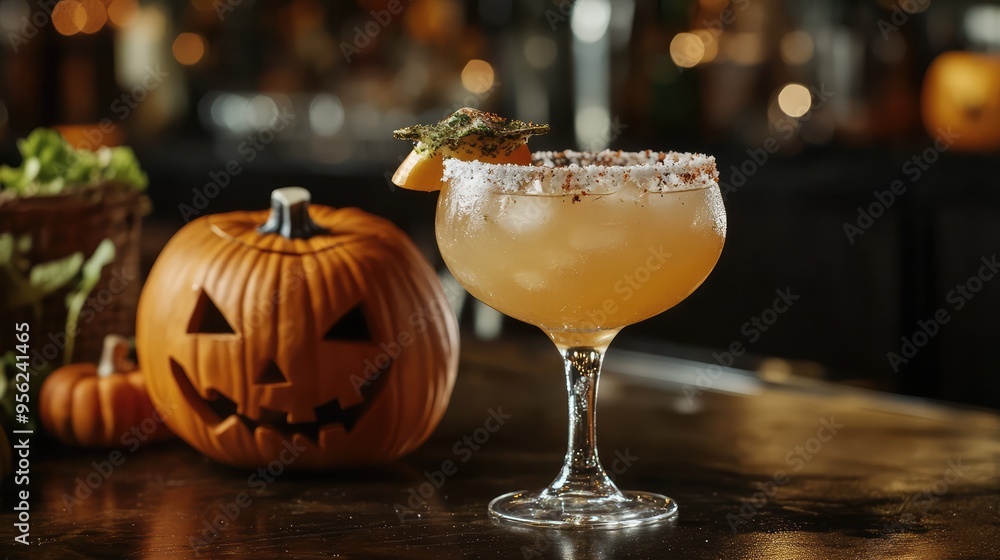 Spooky Halloween Margarita Cocktail with Pumpkin in Restaurant Promo Advertising. AI generated illustration Spooky Halloween Margarita Cocktail with Pumpkin in Restaurant Promo Advertising. AI generated illustration