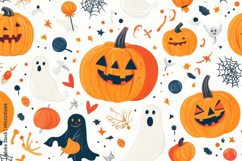 Halloween Seamless Background with Joyful Pumpkins, Friendly Ghosts, and Halloween Treats Halloween Seamless Background with Joyful Pumpkins, Friendly Ghosts, and Halloween Treats