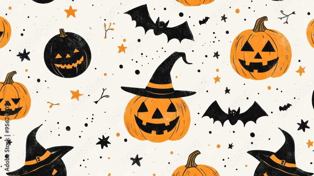 Halloween Seamless Pattern with Smiling Jack-o'-Lanterns, Happy Witches, and Festive Bats Halloween Seamless Pattern with Smiling Jack-o'-Lanterns, Happy Witches, and Festive Bats