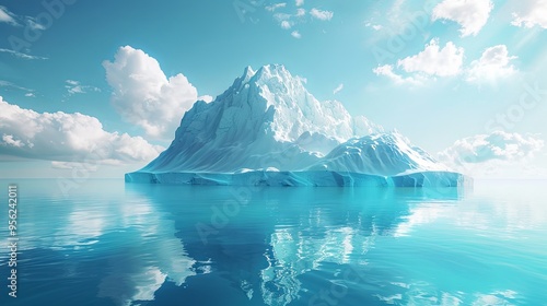 Iceberg floating in clear blue water with hidden dangers beneath. Concept of hidden risks and global warming. Ice in the ocean with space for text and design photo