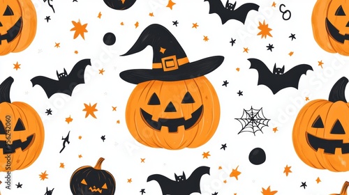 Halloween Seamless Pattern with Smiling Jack-o'-Lanterns, Happy Witches, and Festive Bats