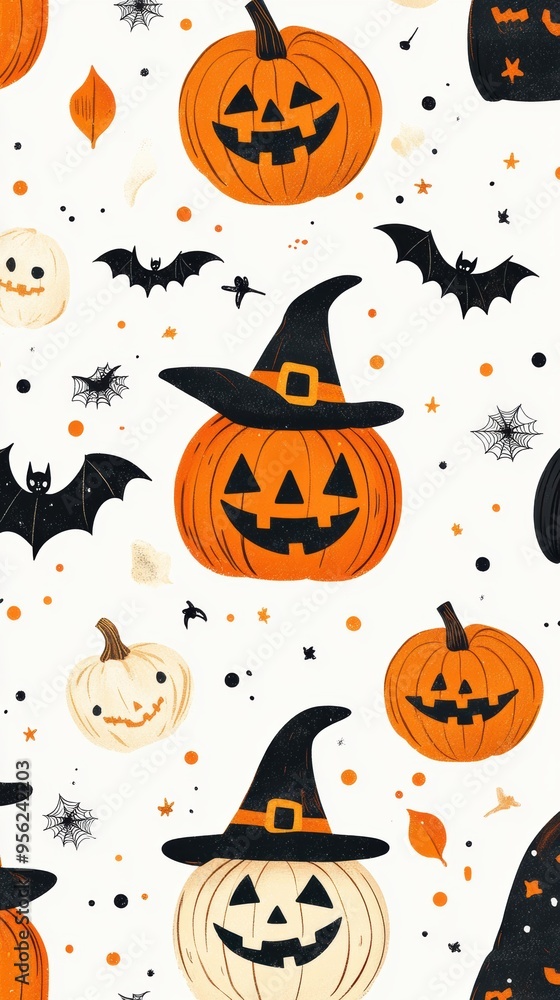 Halloween Seamless Pattern with Smiling Jack-o'-Lanterns, Happy Witches, and Festive Bats Halloween Seamless Pattern with Smiling Jack-o'-Lanterns, Happy Witches, and Festive Bats
