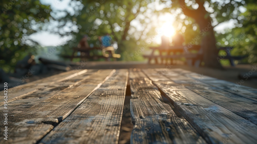 A group of people are sitting at a picnic table in the woods A group of people are sitting at a picnic table in the woods
