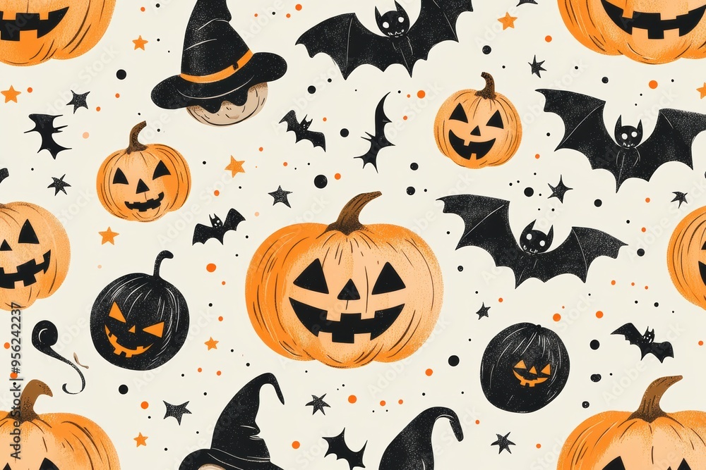 Halloween Seamless Pattern with Smiling Jack-o'-Lanterns, Happy Witches, and Festive Bats Halloween Seamless Pattern with Smiling Jack-o'-Lanterns, Happy Witches, and Festive Bats