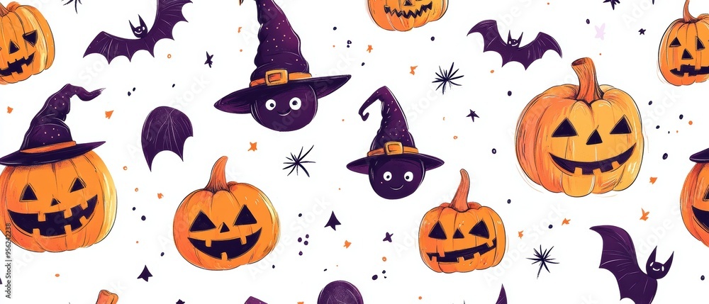 Halloween Seamless Pattern with Smiling Jack-o'-Lanterns, Happy Witches, and Festive Bats Halloween Seamless Pattern with Smiling Jack-o'-Lanterns, Happy Witches, and Festive Bats