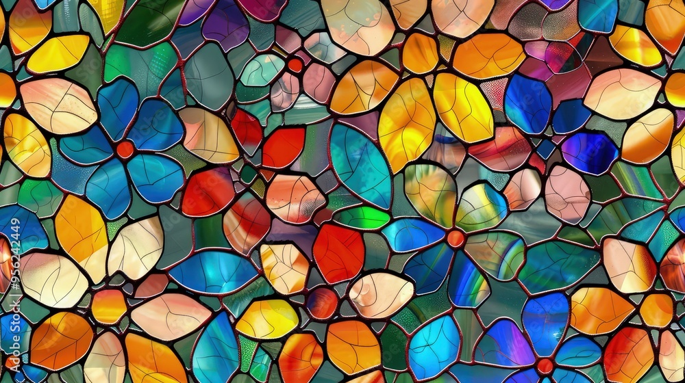 An ornate seamless pattern of stained glass depicting floral motifs in a spectrum of bright and uplifting colors. An ornate seamless pattern of stained glass depicting floral motifs in a spectrum of bright and uplifting colors.