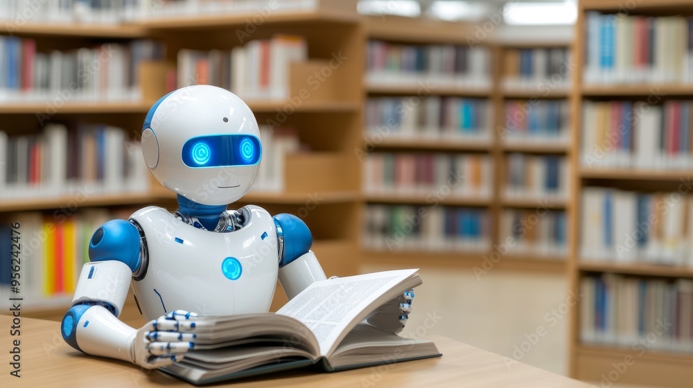 An AI Robot Reading in the Library Surrounded by Books and Bookshelves An AI Robot Reading in the Library Surrounded by Books and Bookshelves