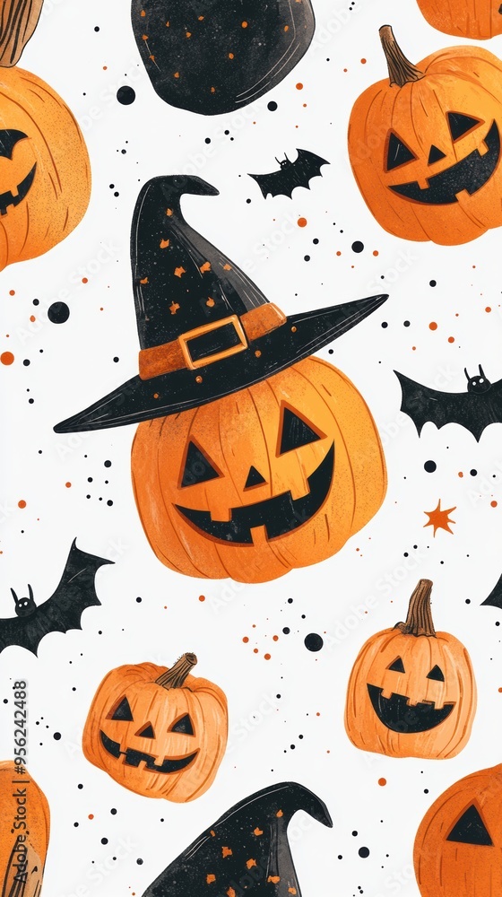 Halloween Seamless Pattern with Smiling Jack-o'-Lanterns, Happy Witches, and Festive Bats Halloween Seamless Pattern with Smiling Jack-o'-Lanterns, Happy Witches, and Festive Bats
