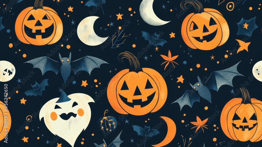 Halloween Seamless Pattern with Smiling Jack-o'-Lanterns, Happy Witches, and Festive Bats Halloween Seamless Pattern with Smiling Jack-o'-Lanterns, Happy Witches, and Festive Bats
