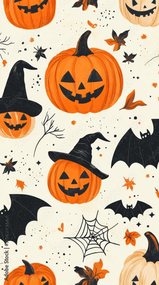 Halloween Seamless Pattern with Smiling Jack-o'-Lanterns, Happy Witches, and Festive Bats Halloween Seamless Pattern with Smiling Jack-o'-Lanterns, Happy Witches, and Festive Bats