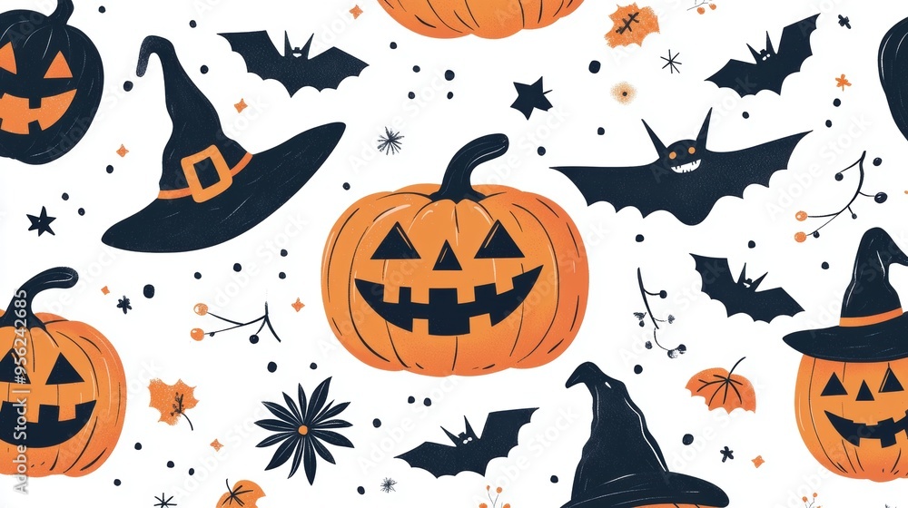 Halloween Seamless Pattern with Smiling Jack-o'-Lanterns, Happy Witches, and Festive Bats Halloween Seamless Pattern with Smiling Jack-o'-Lanterns, Happy Witches, and Festive Bats