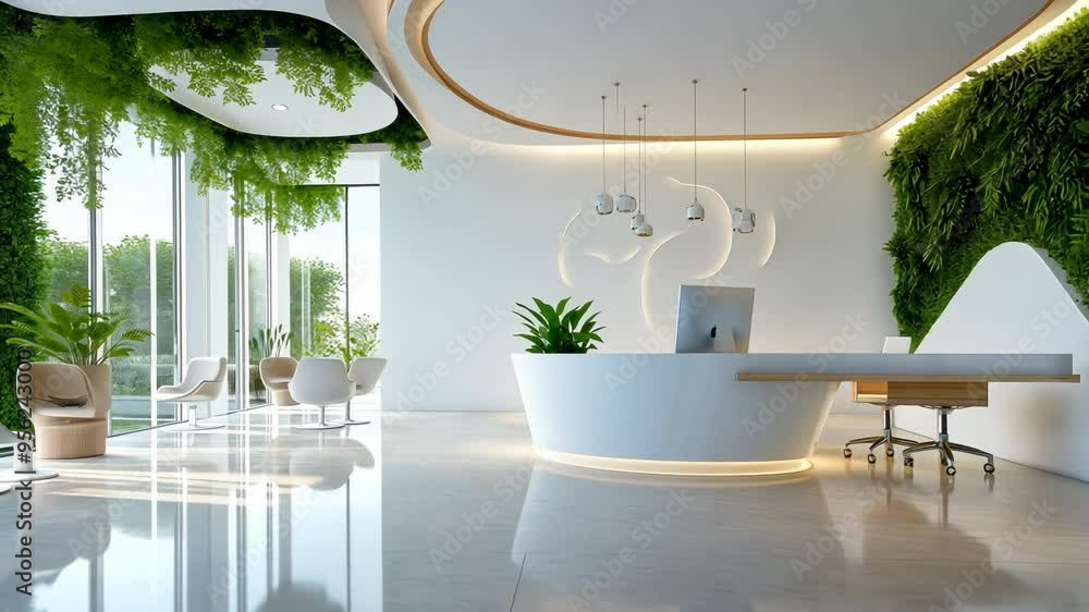 Modern eco-friendly office interior with living green walls and ceiling ...