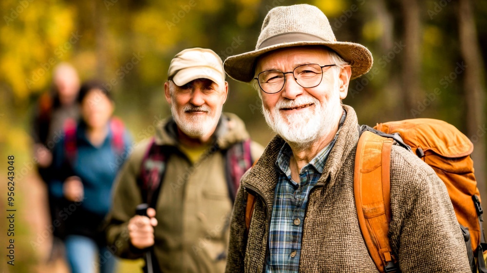 Group of senior trekker walking in to the woods jungle. - Elderly people in the forest during hiking day. Group of senior trekker walking in to the woods jungle. - Elderly people in the forest during hiking day.