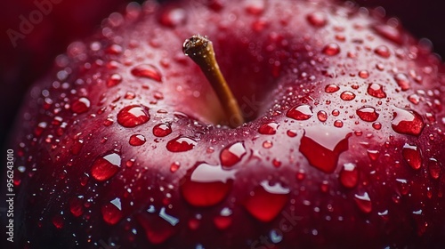 Close-up photograph of a deep red apple with tiny beads of clear water embellishing its smooth, glossy skin. 