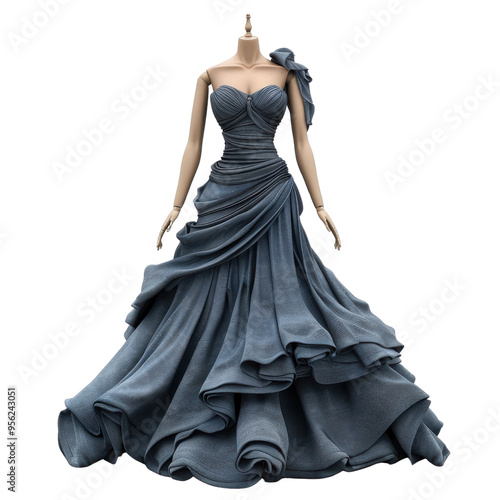 Elegant blue evening gown showcasing exquisite draping and stylish design, perfect for formal occasions and special events.