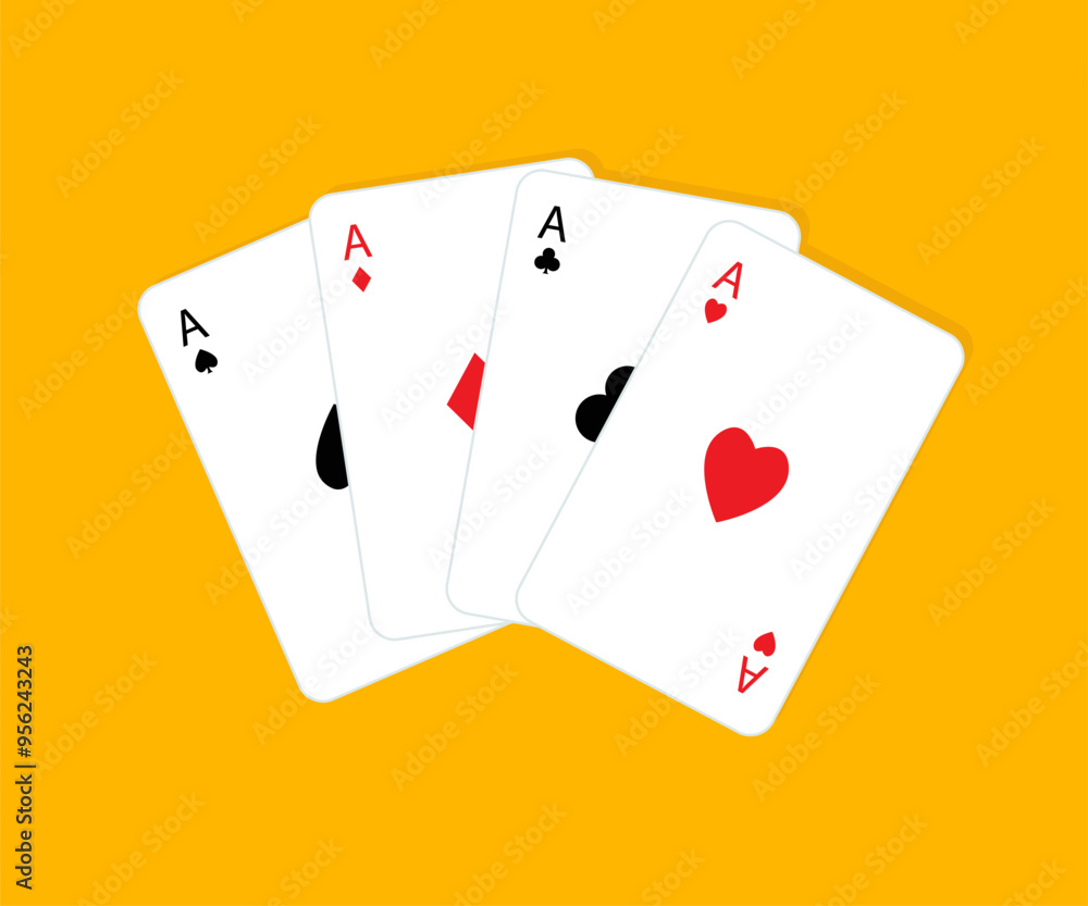 Obraz premium Four aces icon set. Card fan stack. Playing card. Poker cards suits. Hearts, clubs, diamonds, spades ace. Winning poker hand. Las Vegas Casino gambling concept. Flat design. Yellow background. Vector
