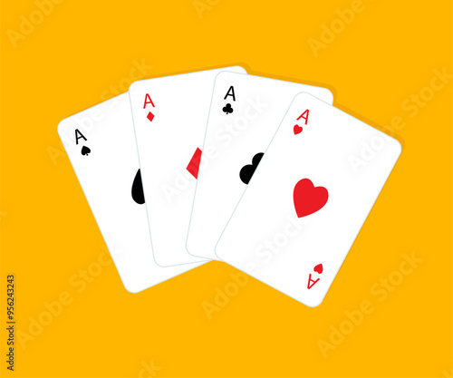 Four aces icon set. Card fan stack. Playing card. Poker cards suits. Hearts, clubs, diamonds, spades ace. Winning poker hand. Las Vegas Casino gambling concept. Flat design. Yellow background. Vector