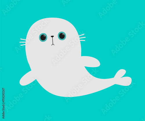 White harp seal pup lying. Sea lion. Cute cartoon kawaii baby character. Funny face. Animal collection. Sea ocean water. Childish style. Baby poster Sticker print. Flat design. Blue background. Vector