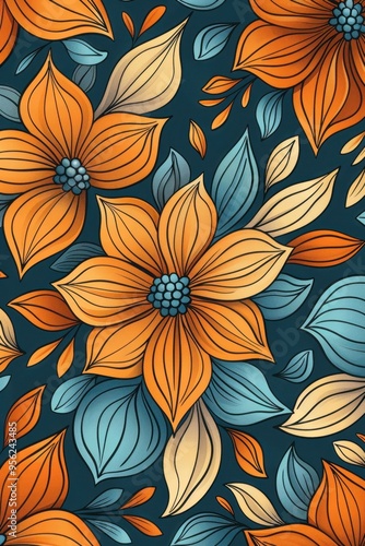 Wallpaper Mural Abstract Floral Pattern in Orange, Blue and Beige Torontodigital.ca