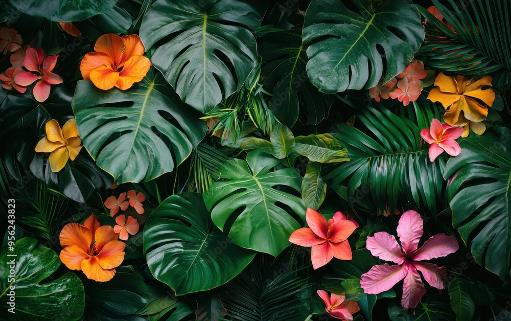 Vibrant Tropical Foliage With Lush Green Leaves and Colorful Hibiscus Flowers in a Sunny Paradise Setting Vibrant Tropical Foliage With Lush Green Leaves and Colorful Hibiscus Flowers in a Sunny Paradise Setting