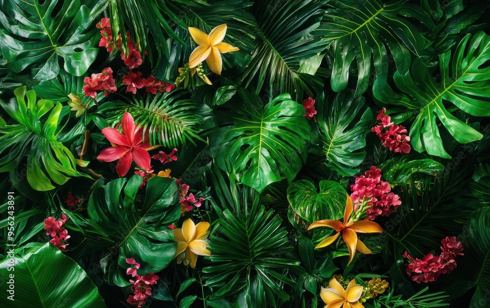 Bright Tropical Foliage With Colorful Flowers in a Lush Green Setting, Showcasing the Beauty of Nature in a Vibrant Environment Bright Tropical Foliage With Colorful Flowers in a Lush Green Setting, Showcasing the Beauty of Nature in a Vibrant Environment